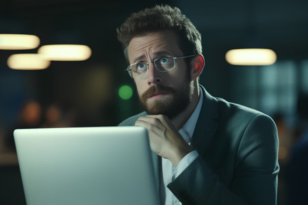 Portrait of a pensive businessman using laptop at night in officeの素材