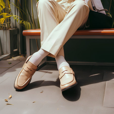 Cropped view of woman in beige pants and shoes sitting on bench outdoorsの素材