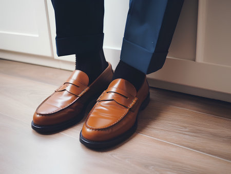 Close up of businessman's feet wearing brown shoes standing on wooden floor.の素材