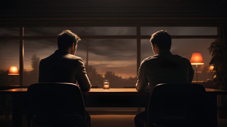Two young businessmen are sitting at the table and looking out of the windowの素材