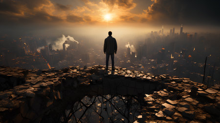 Silhouette of a businessman standing on the edge of a ruined cityの素材