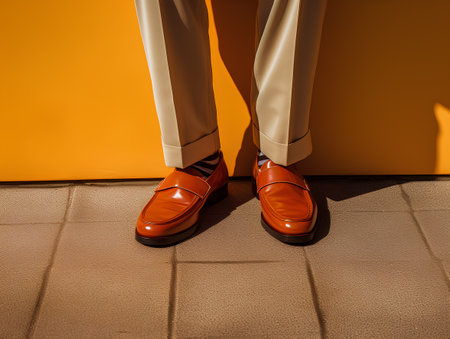 Fashionable men's shoes on a background of an orange wallの素材