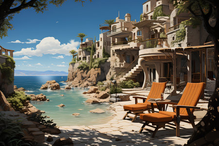 Hotel on the coast of the Mediterranean Sea. 3d renderの素材