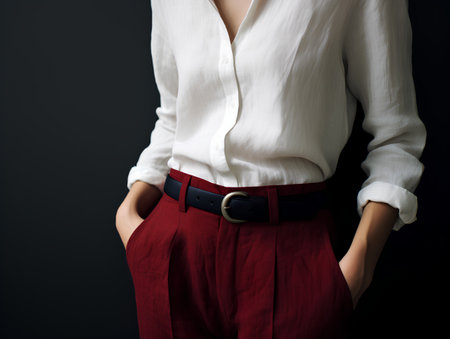 Fashion photo of a woman in a white shirt and red trousersの素材