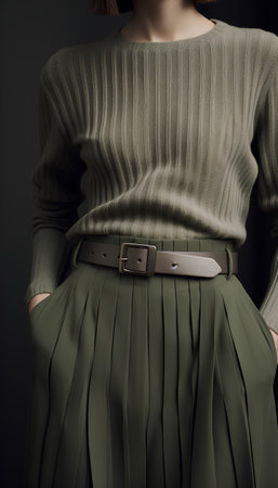 Fashion model wearing green dress and leather belt. Studio shot.の素材