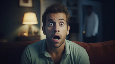 Shocked man sitting on sofa at home and looking at camera.の素材