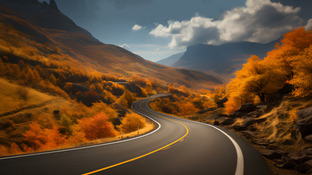 Foto de Beautiful autumn landscape with road and yellow trees. 3d rendering - Imagen libre de derechos