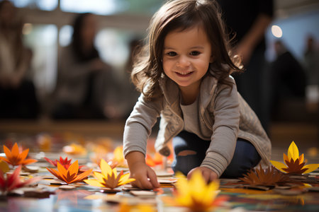 Adorable little girl playing with autumn leaves in the living room at homeの素材