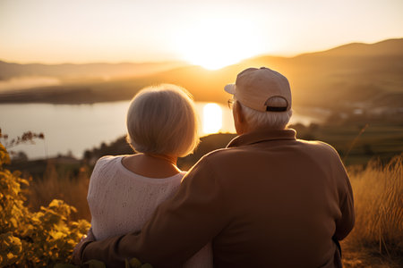 Back view of senior couple hugging and looking at sunset in the mountains.の素材