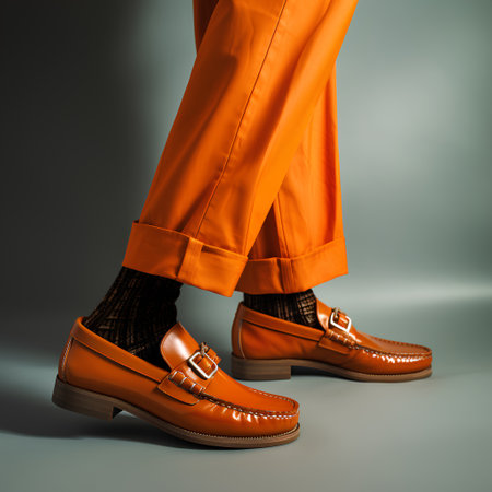 Man's legs in orange pants and shoes on a gray background.の素材