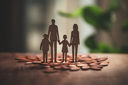Conceptual image of family standing on pile of coins with copy spaceの素材