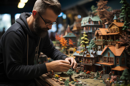 Young bearded man in glasses and a black sweatshirt is playing with the model of a toy city.の素材