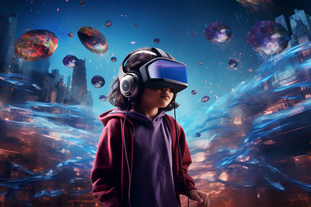 Little boy in virtual reality headset. Future technology concept. 3D Renderingの素材