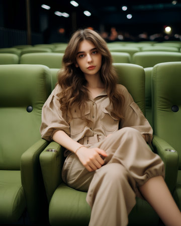 Portrait of a beautiful young woman sitting on the green sofa in the cinema.の素材