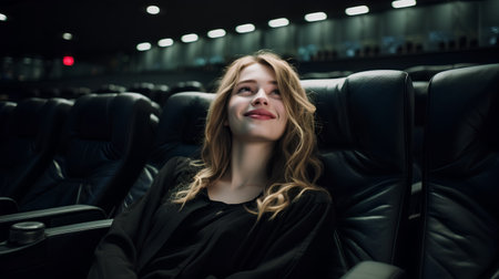 Young woman sitting in a leather chair in the cinema and watching movie.の素材