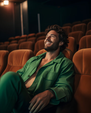 Handsome man in green shirt sitting in cinema and laughing.の素材