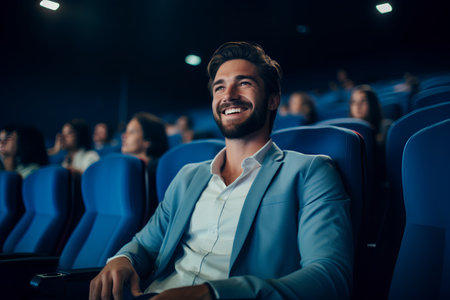 Portrait of a smiling businessman sitting in a cinema and watching a movie.の素材