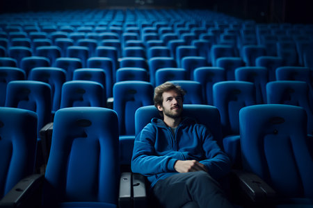 Young man sitting in the cinema, watching movie. Toned.の素材