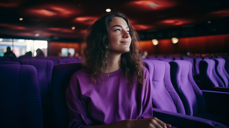 Young woman watching movie in cinema. Attractive girl sitting in the cinema and smiling.の素材