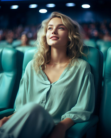 Portrait of a beautiful young woman sitting in the cinema. Beauty, fashion.の素材