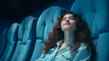 Portrait of a beautiful young woman in a blue business suit sitting in an airplaneの素材