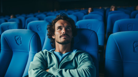 Portrait of a young man sitting in an empty cinema auditoriumの素材