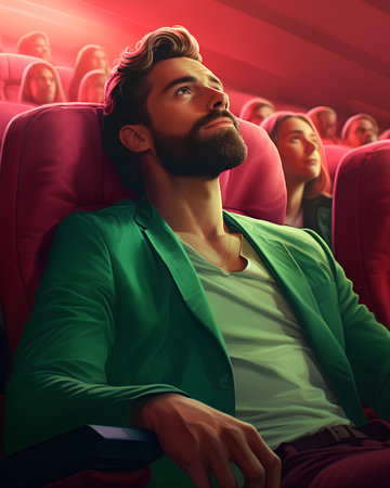 Handsome young man in green jacket sitting in cinema and watching movie.の素材