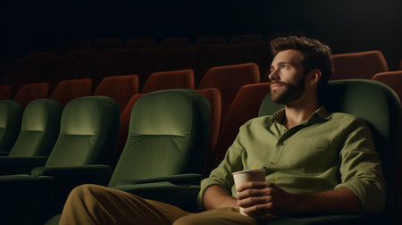 Young man in green shirt sitting in cinema and drinking cup of coffeeの素材