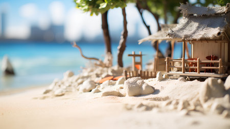 Miniature house made of sand on the beach. Selective focus.の素材