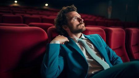 Young handsome businessman sitting in cinema and looking away. Toned imageの素材
