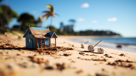 Miniature house on tropical beach. Vacation and travel concept.の素材