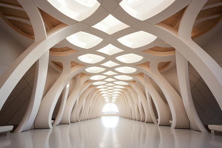 3d render of interior of modern building with white walls and archesの素材