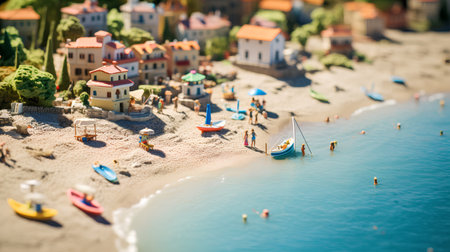 Miniature model of houses and boats on the beach. Selective focus.の素材