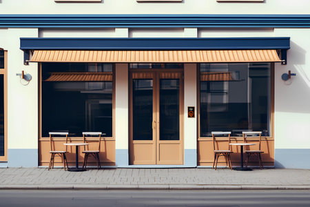 3d render of a cafe or restaurant facade with tables and chairsの素材
