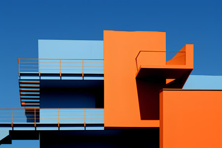 Illustration of an orange building on a blue sky background. 3d renderingの素材