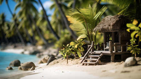 Small wooden house on tropical beach with palm trees in the background.の素材