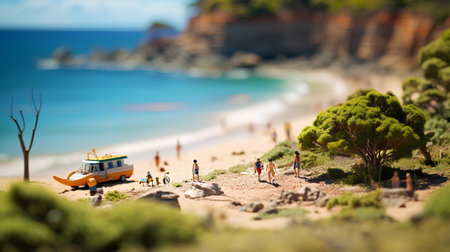 Miniature people on the beach. Travel concept. Selective focusの素材