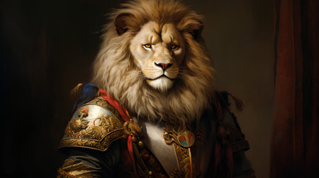 Portrait of a male lion in a medieval costume. Studio shot.の素材