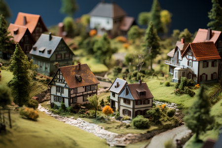 Miniature model of a village on the green grass. 3d renderingの素材