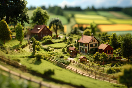 Miniature model of the village on a background of green meadowsの素材