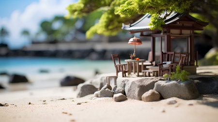 Table and chairs on the beach at Seychelles, Maheの素材