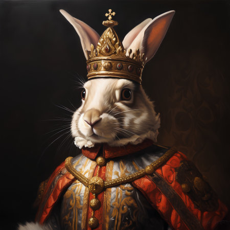 Portrait of a white rabbit in a crown on a dark backgroundの素材