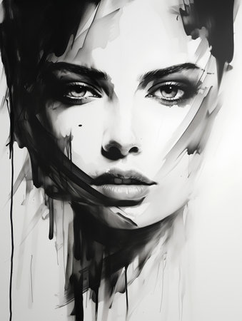 Portrait of beautiful woman with black and white paint on her faceの素材