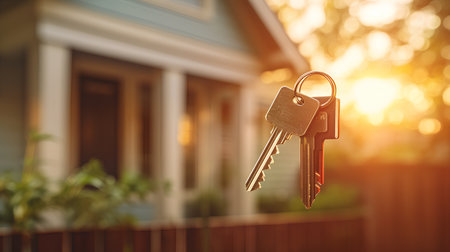 House key with keychain in front of new house. Real estate concept.の素材