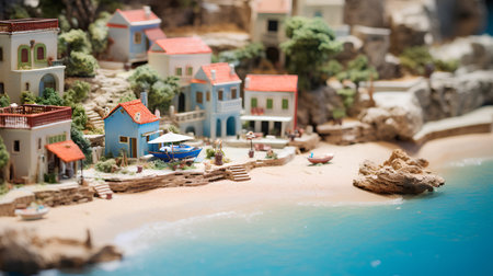 Miniature model of the village and sea on the sand beach.の素材