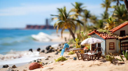 Miniature houses on the sandy beach with palm trees in the background.の素材