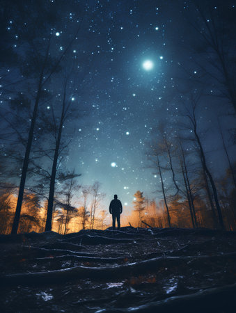 Man standing at the edge of the forest and looking at the starry skyの素材