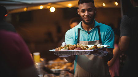 Portrait of a young African-American man holding a tray with food.の素材