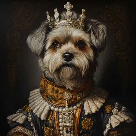 Portrait of a dog in a crown on a dark background.の素材