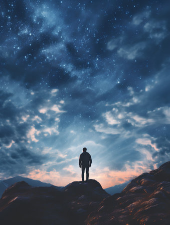 Man standing on the edge of a cliff and looking at the starry skyの素材